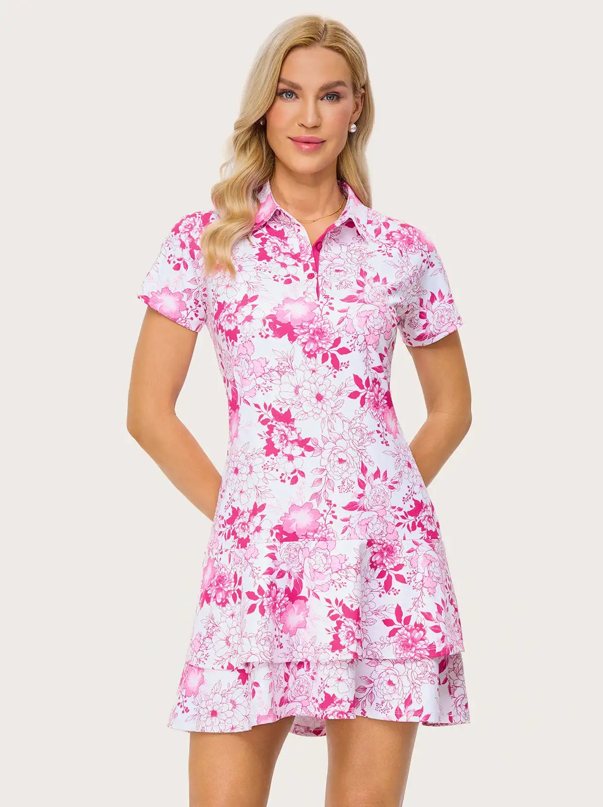 34" Pink Peony Short-sleeve Polo Dress with Shorts and Pockets