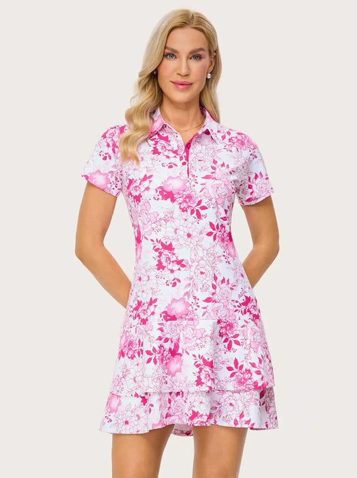 34" Pink Peony Short-sleeve Polo Dress with Shorts and Pockets
