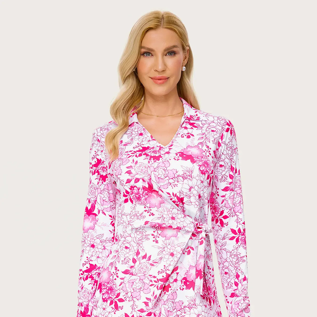 34.5" Rose-red Floral Side Tie V-neck Long-sleeve Golf Dress with Shorts