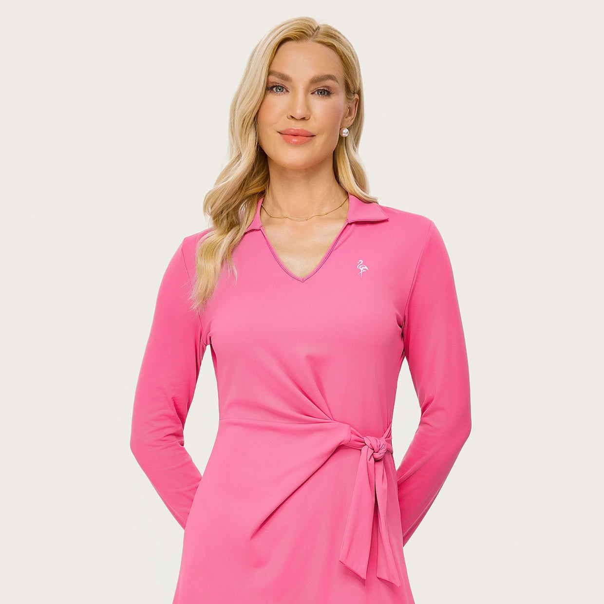 34.5" Pink Side Tie V-neck Long-sleeve Polo Dress with Shorts