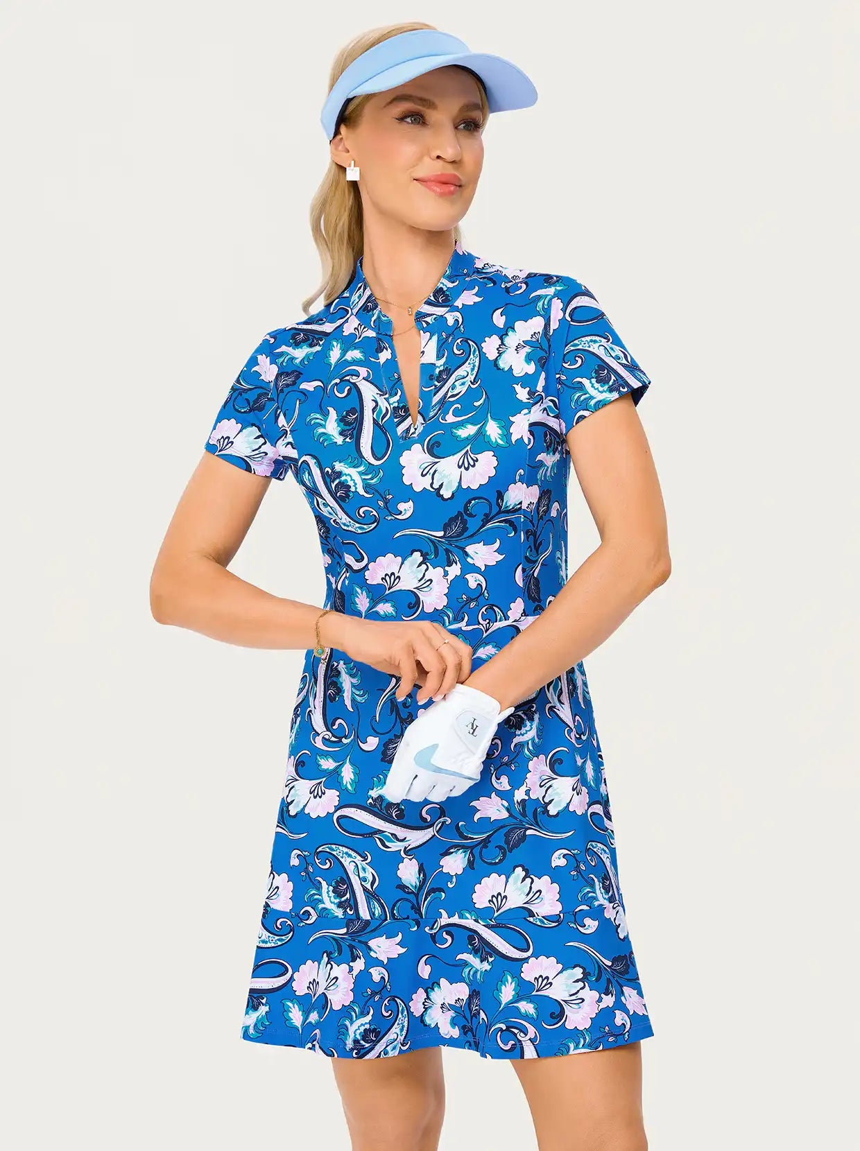 35.5" Blue Floral V-neck Short-sleeve Golf Dress with Shorts and Pockets