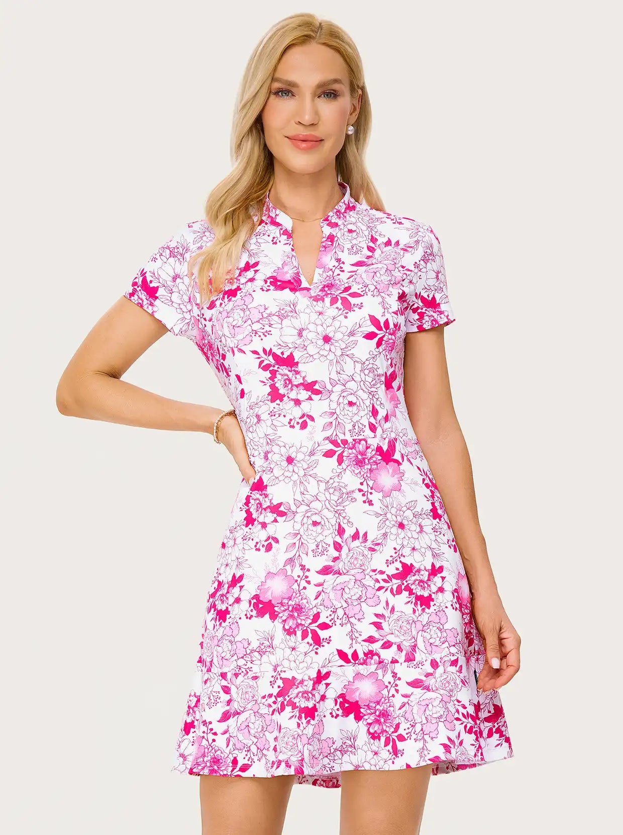 35.5" Pink Peony V-neck Short-sleeve Golf Dress with Shorts and Pockets