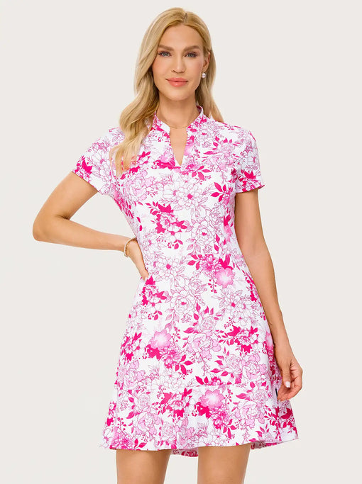 35.5" Pink Peony V-neck Short-sleeve Golf Dress with Shorts and Pockets