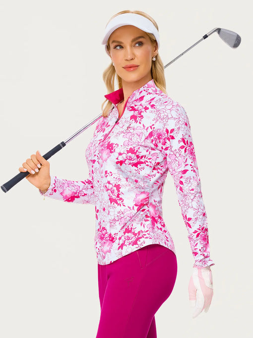 Rose-red Floral Quarter-zip Long-sleeve Shirt