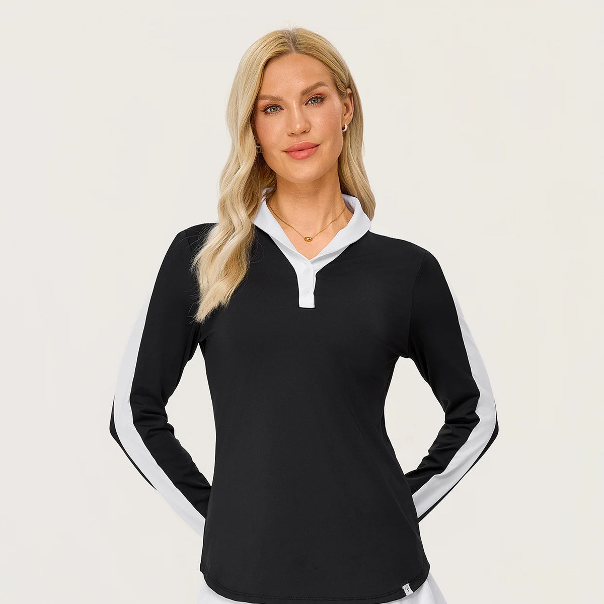 Contrast Button-placket Long-sleeve Golf Polo Shirt