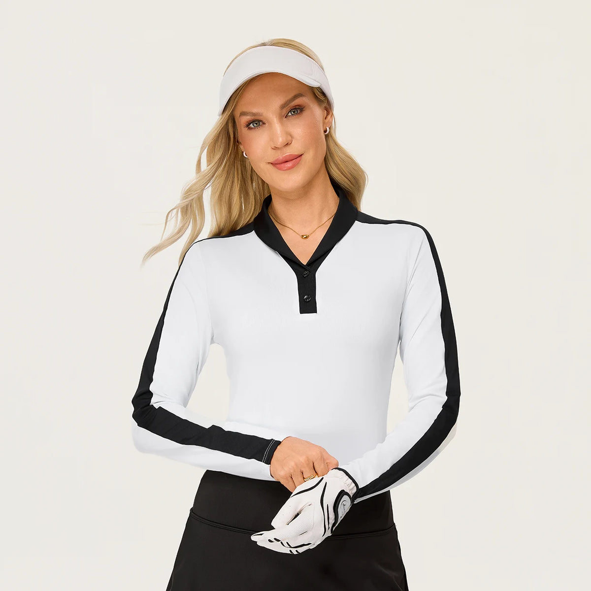 Contrast Button-placket Long-sleeve Golf Polo Shirt