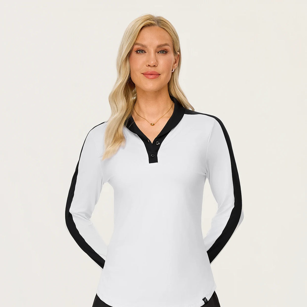 Contrast Button-placket Long-sleeve Golf Polo Shirt