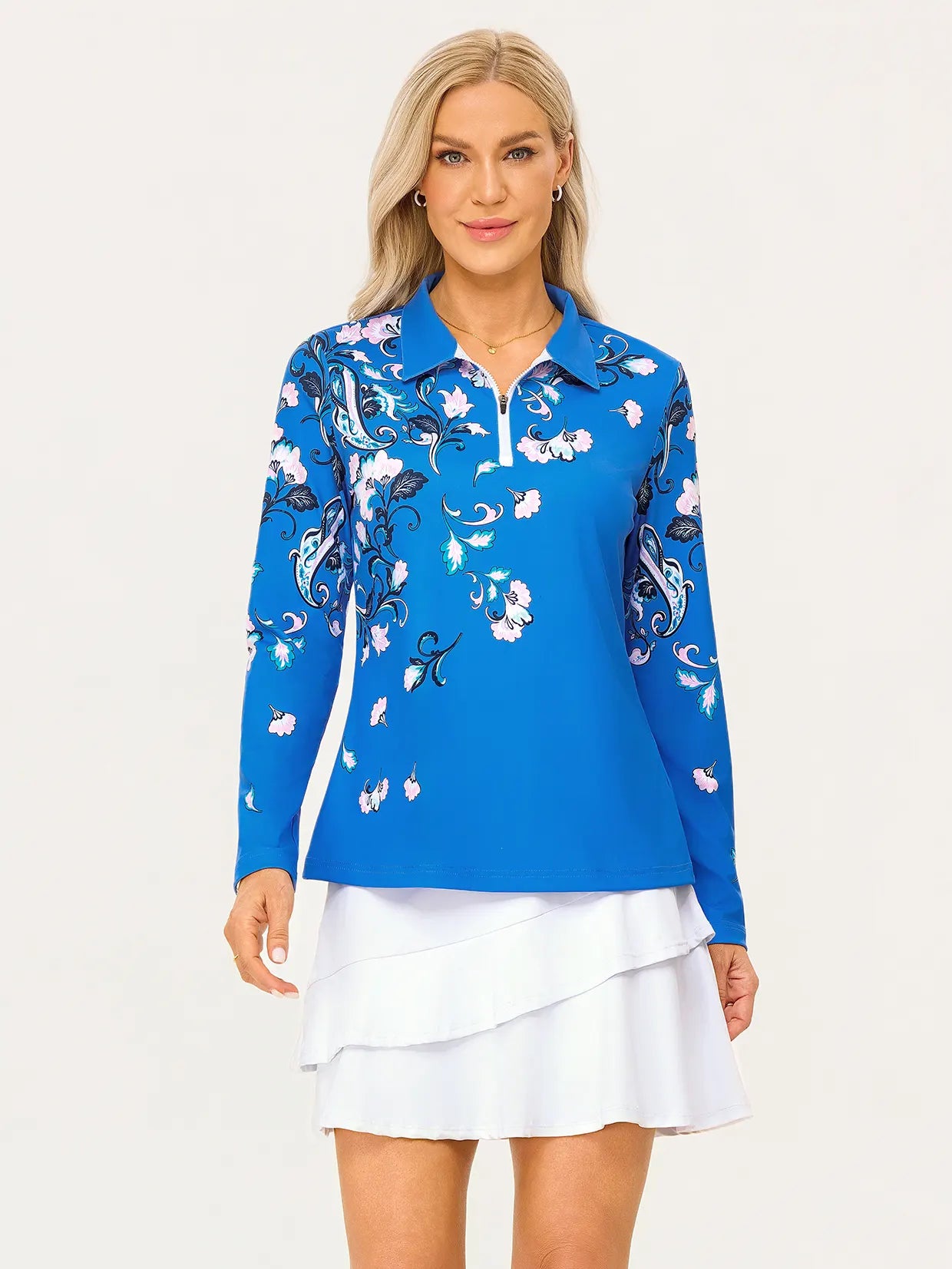 Blue Floral Quarter-zip Long-sleeve Polo Shirt