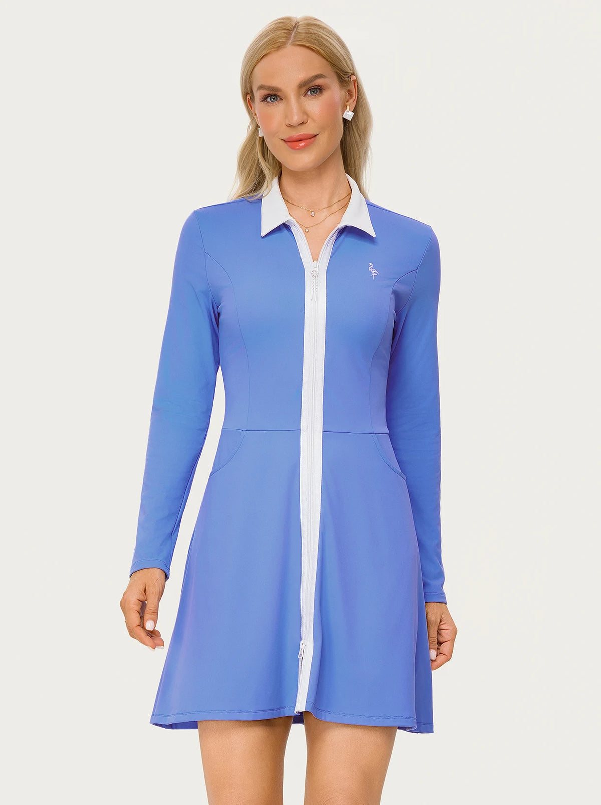 34.5" Blue Full-zip Long-sleeve Polo Dress with Shorts and Pockets