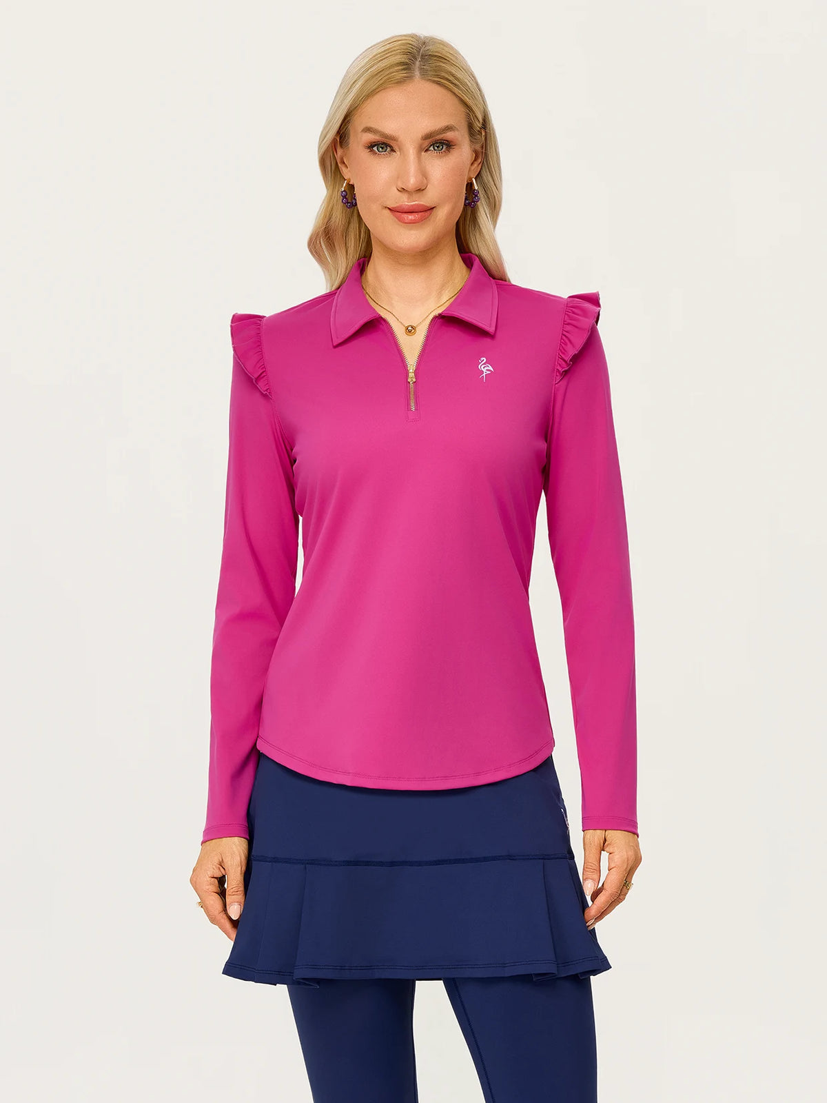 Basic Ruffled Quarter-zip Long-sleeve Golf Polo Tops for Women