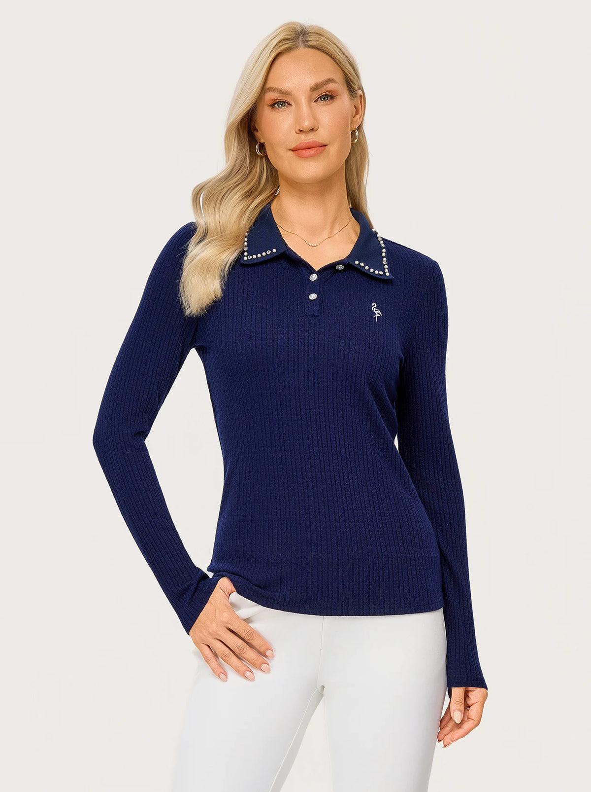 Women's Navy Button-placket long-sleeve Golf Polo Sweater