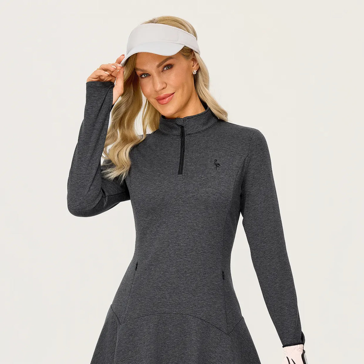 Quarter-zip Long-sleeve Ruffled Sweatshirt Dress with Thumbholes