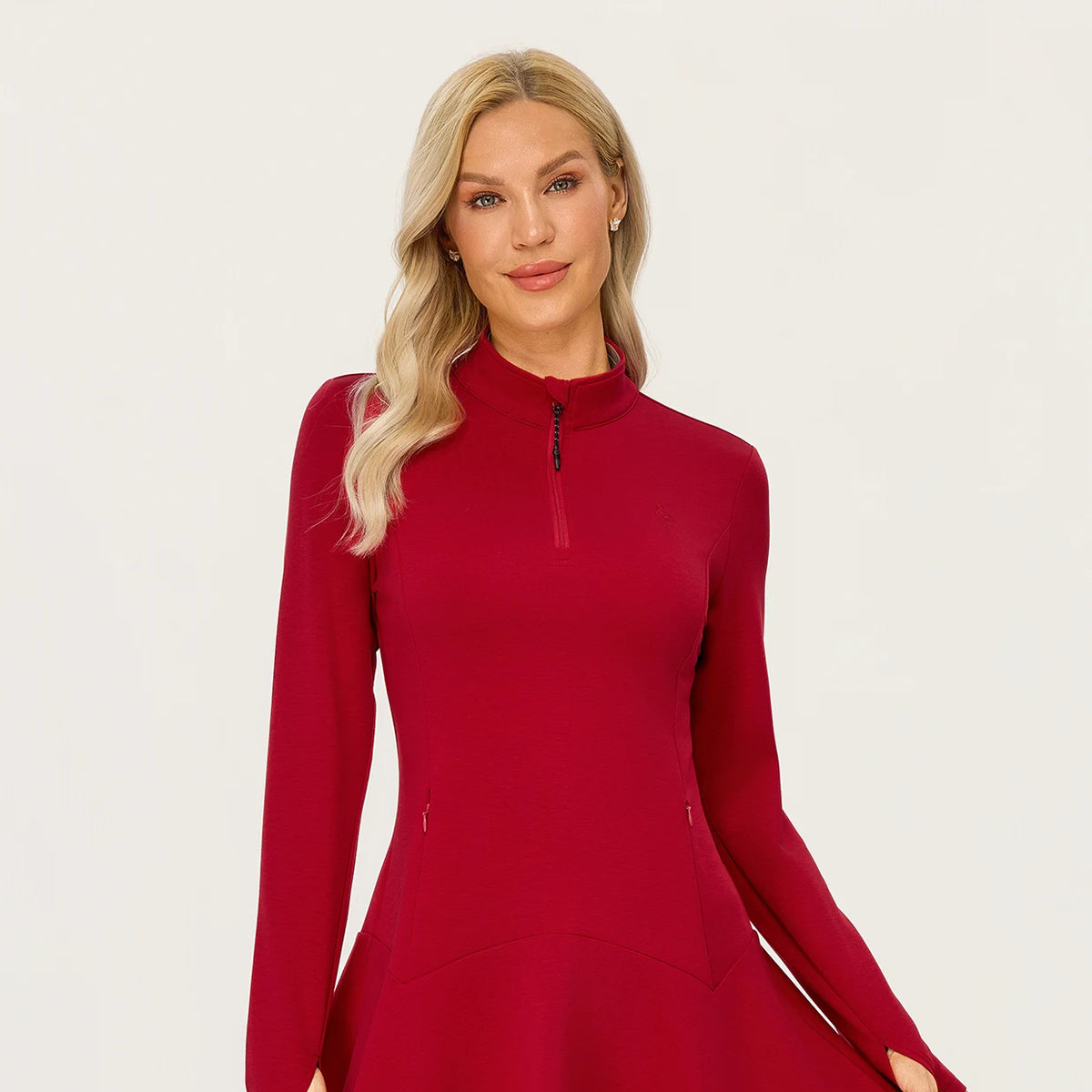 Quarter-zip Long-sleeve Ruffled Sweatshirt Dress with Thumbholes