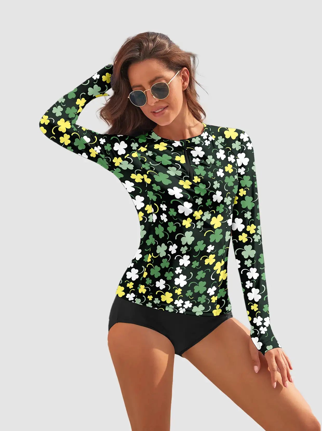 Green and Yellow Shamrock Quarter-zip Long-sleeve Rash Guard