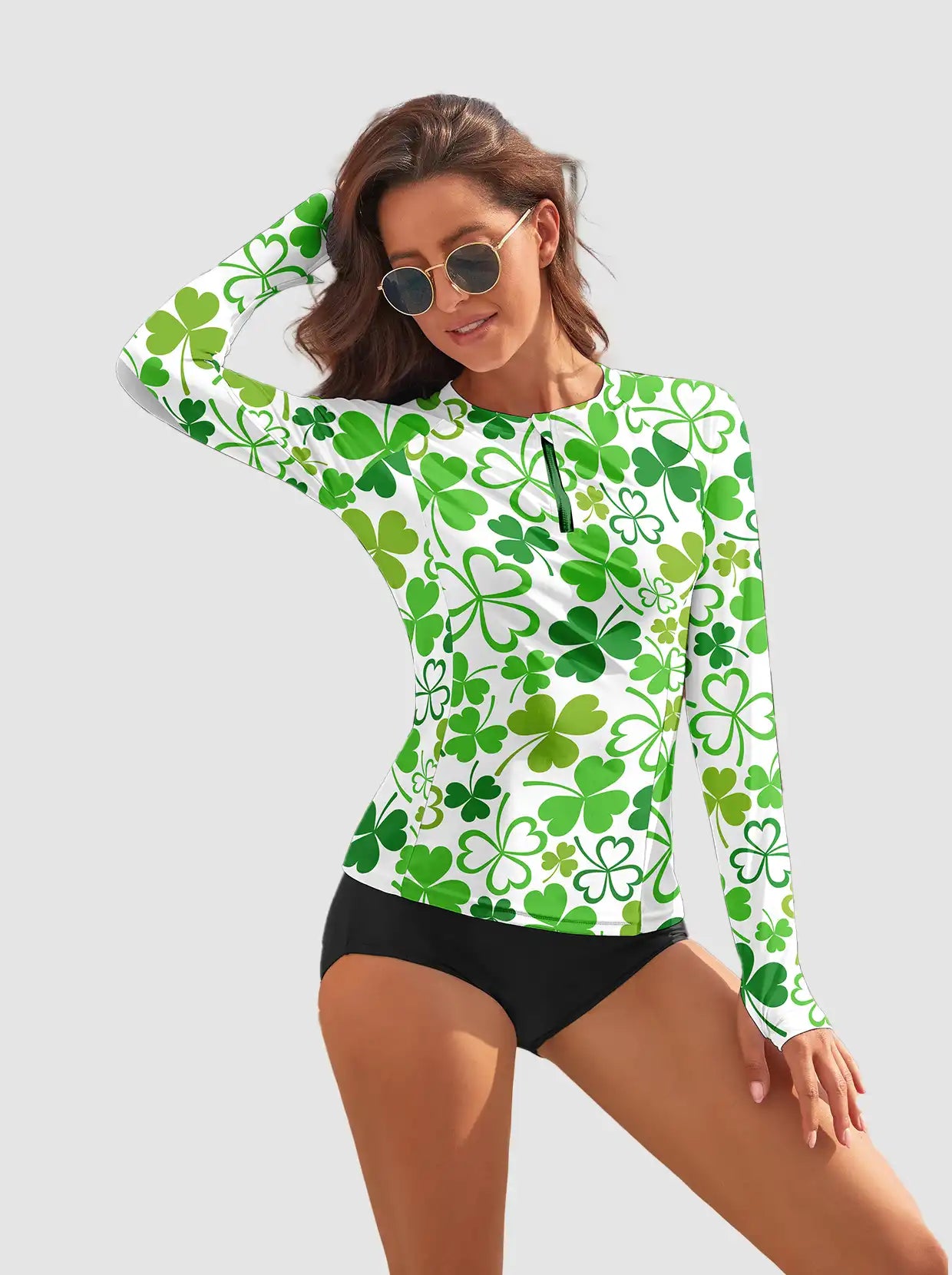 Green Shamrock Quarter-zip Long-sleeve Rash Guard