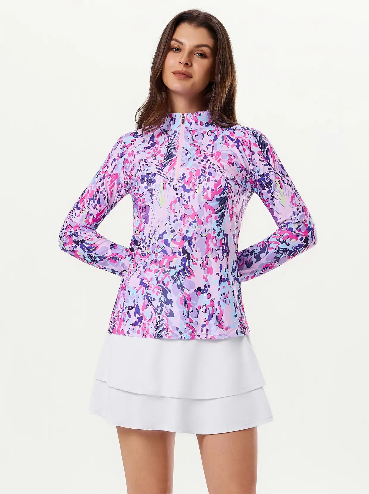 Purple Print Quarter-zip Long-sleeve Shirt for Women