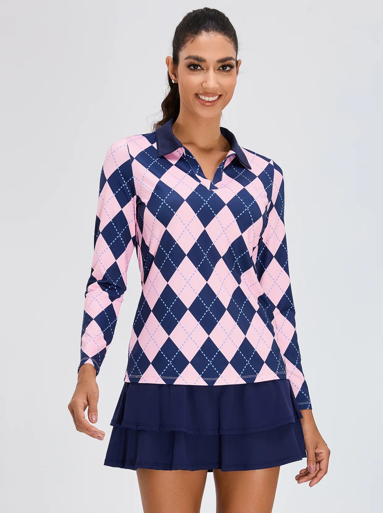 Pink and Dark Blue Argyle V-neck Golf Polo Shirt for Women