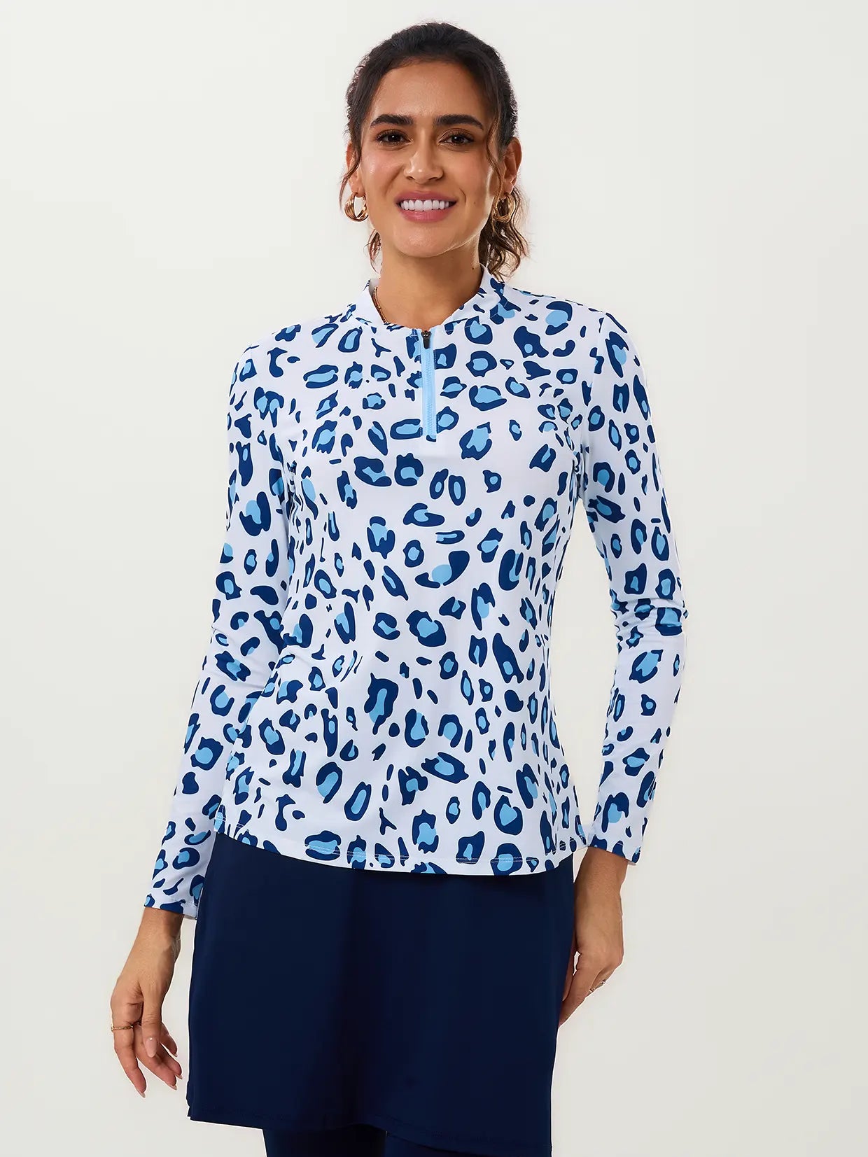 Blue Leopard Quarter-Zip Long-sleeve Golf Shirt for Women