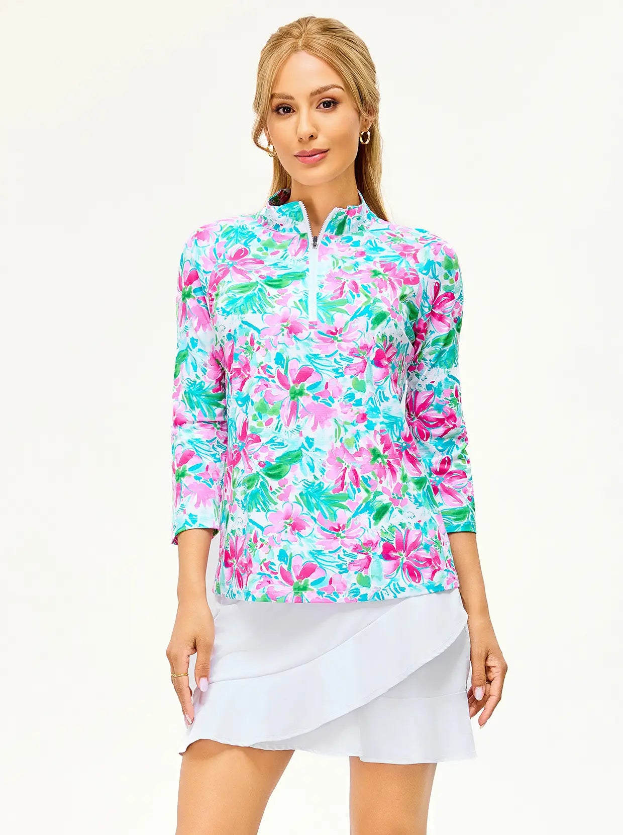 Pink Floral Stand-collar 3/4 Sleeve Polo Shirts for Women