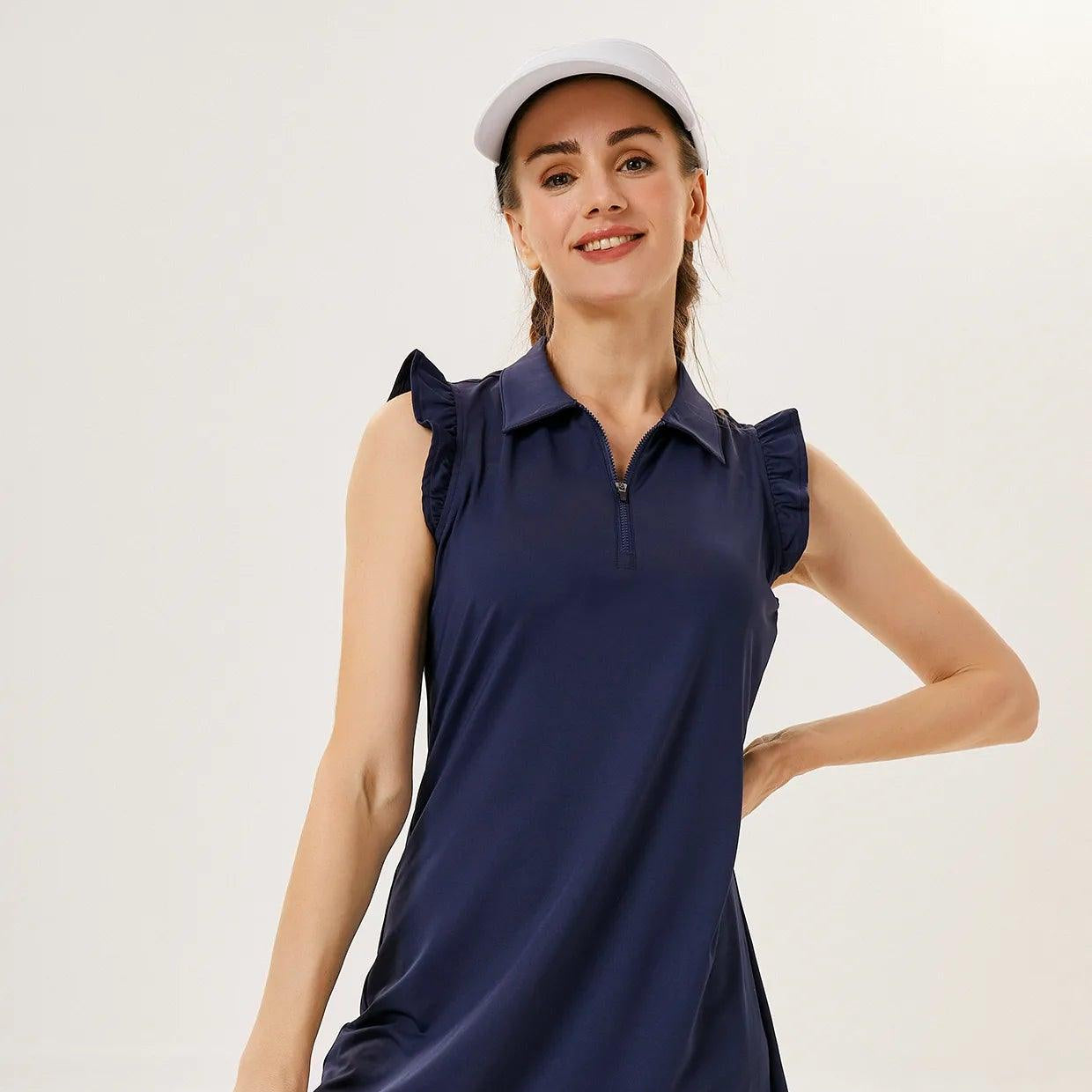 Blue V-Neck Ruffle Sleeve Golf Dress with Shorts