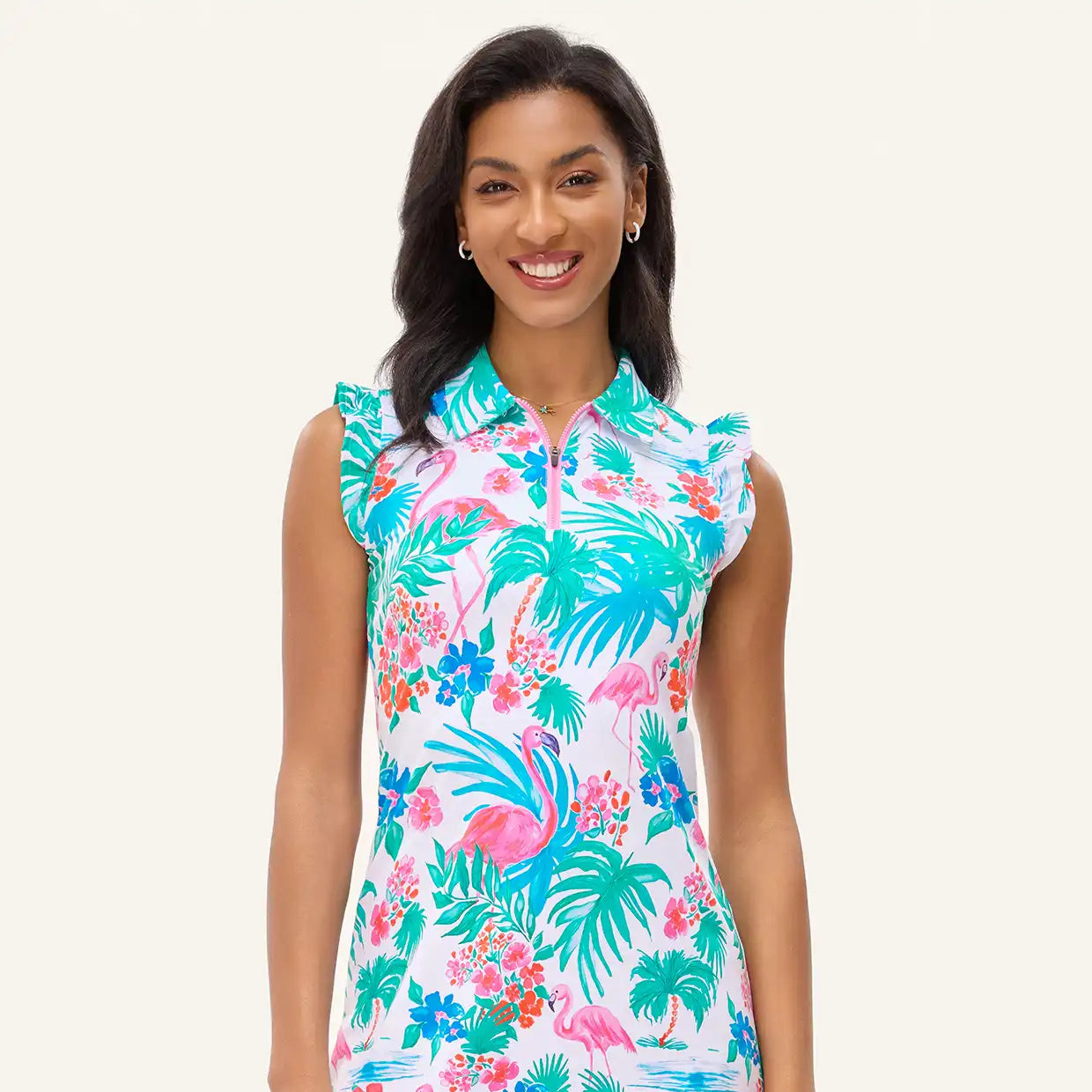 34" White and Red Star Quarter-zip Ruffled Sleeveless Active Dress with Shorts