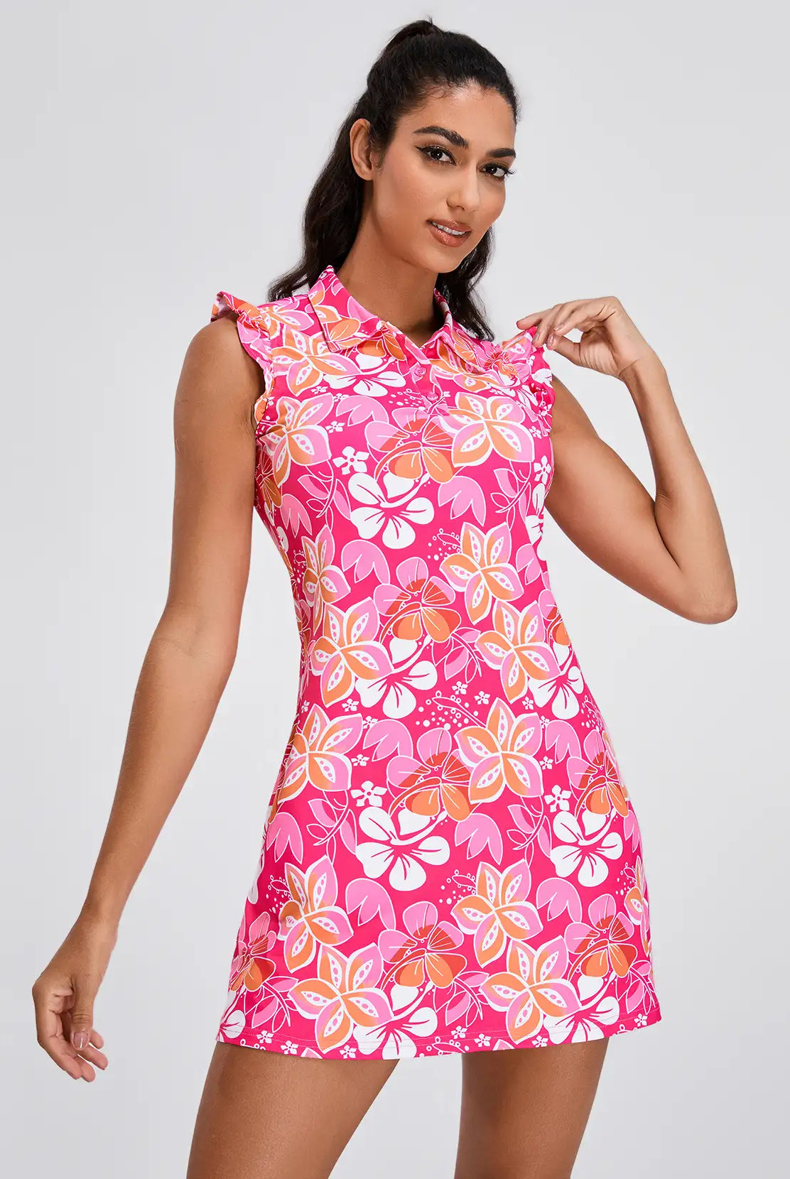 Red Floral 34" Ruffled Sleeveless Active Dress With Shorts