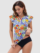 Ladies Colorful Floral Quarter-zip Ruffled Sleeveless Rash Guard