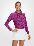 Purple Leopard Quarter Zip Long-sleeve Polo Shirt for Women