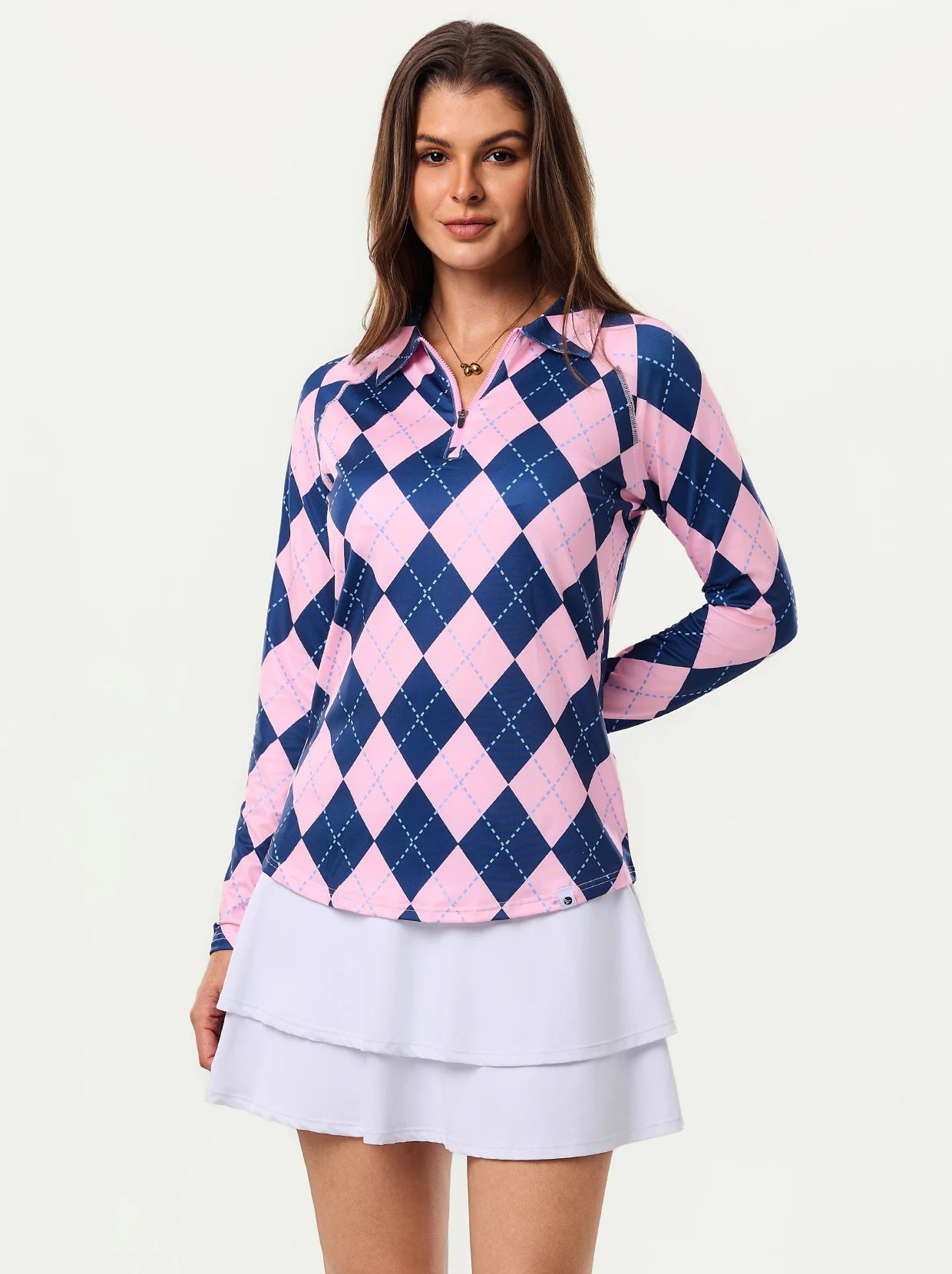 Pink and Blue Argyle Quarter-zip Long-sleeve Golf Polo Shirt