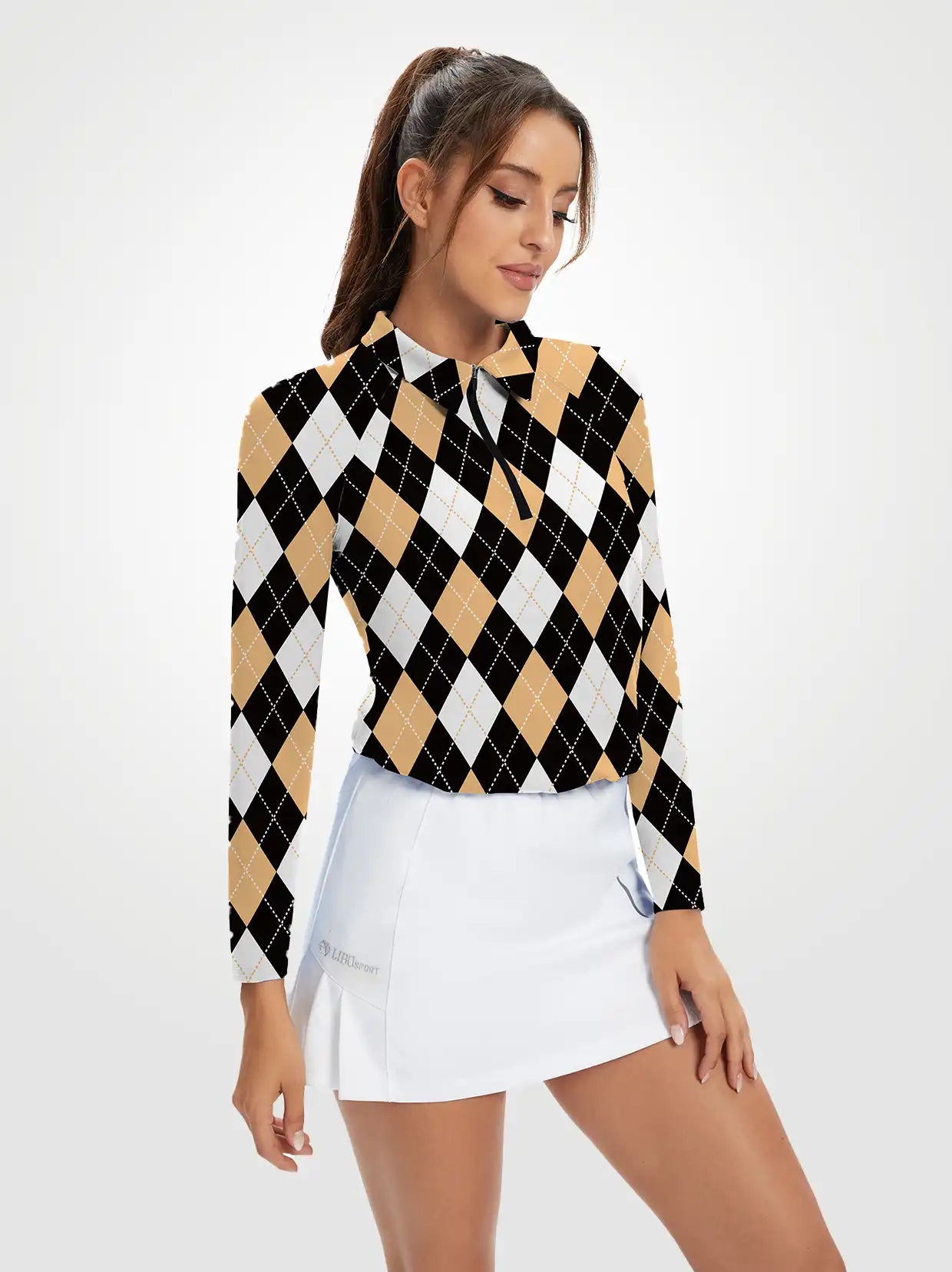 Brown and Black Checkerboard Quarterzip Long-sleeve Polo Shirt for Women