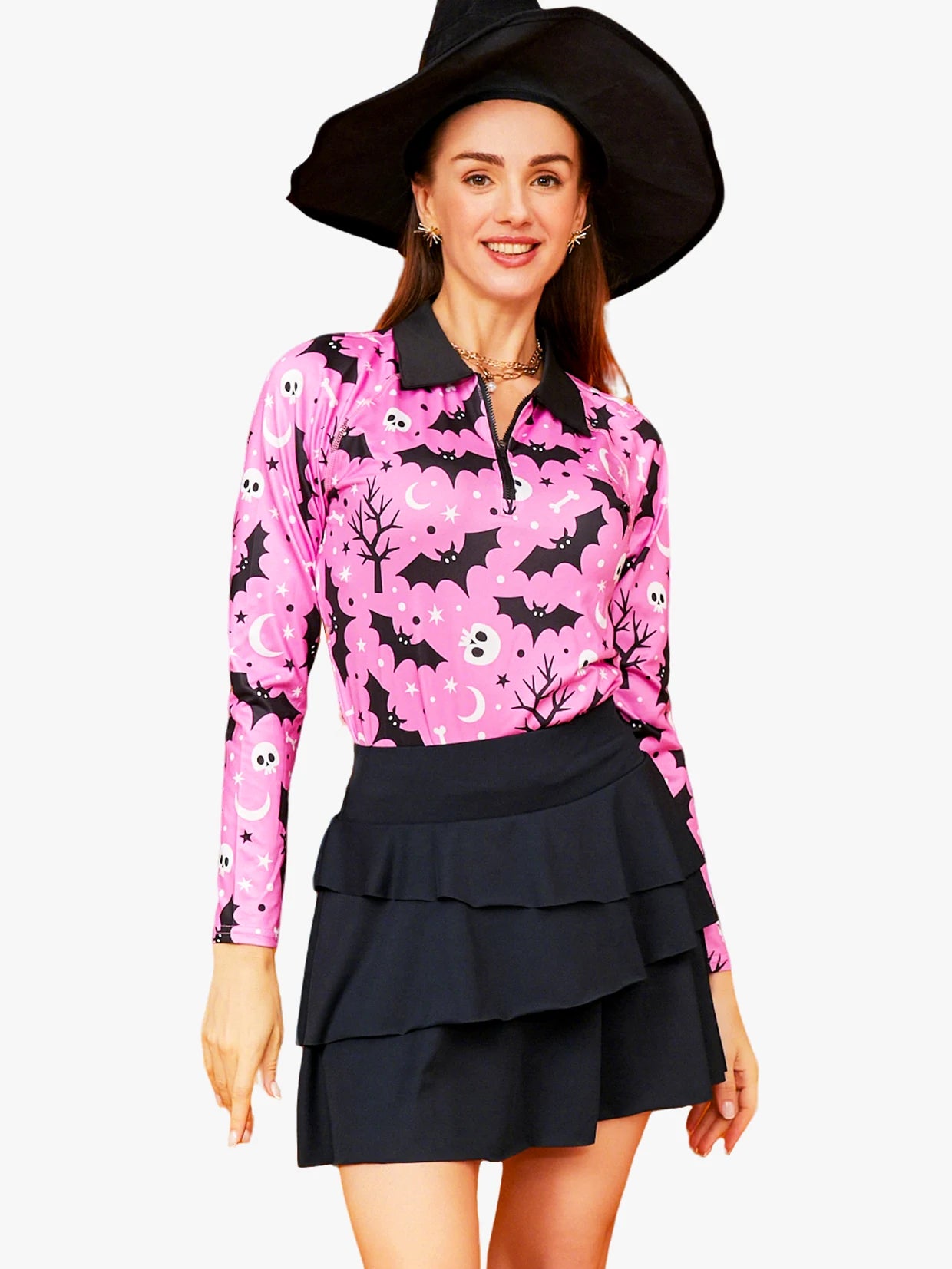 Halloween Pink Bats Quarter-zip Long-sleeve Polo Shirt for Women