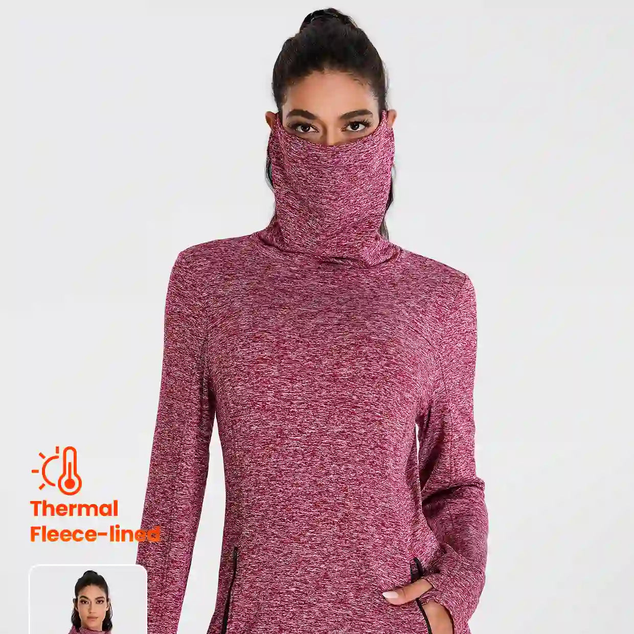 Cowl-neck Long-sleeve Fleece Top with Zip Pocket