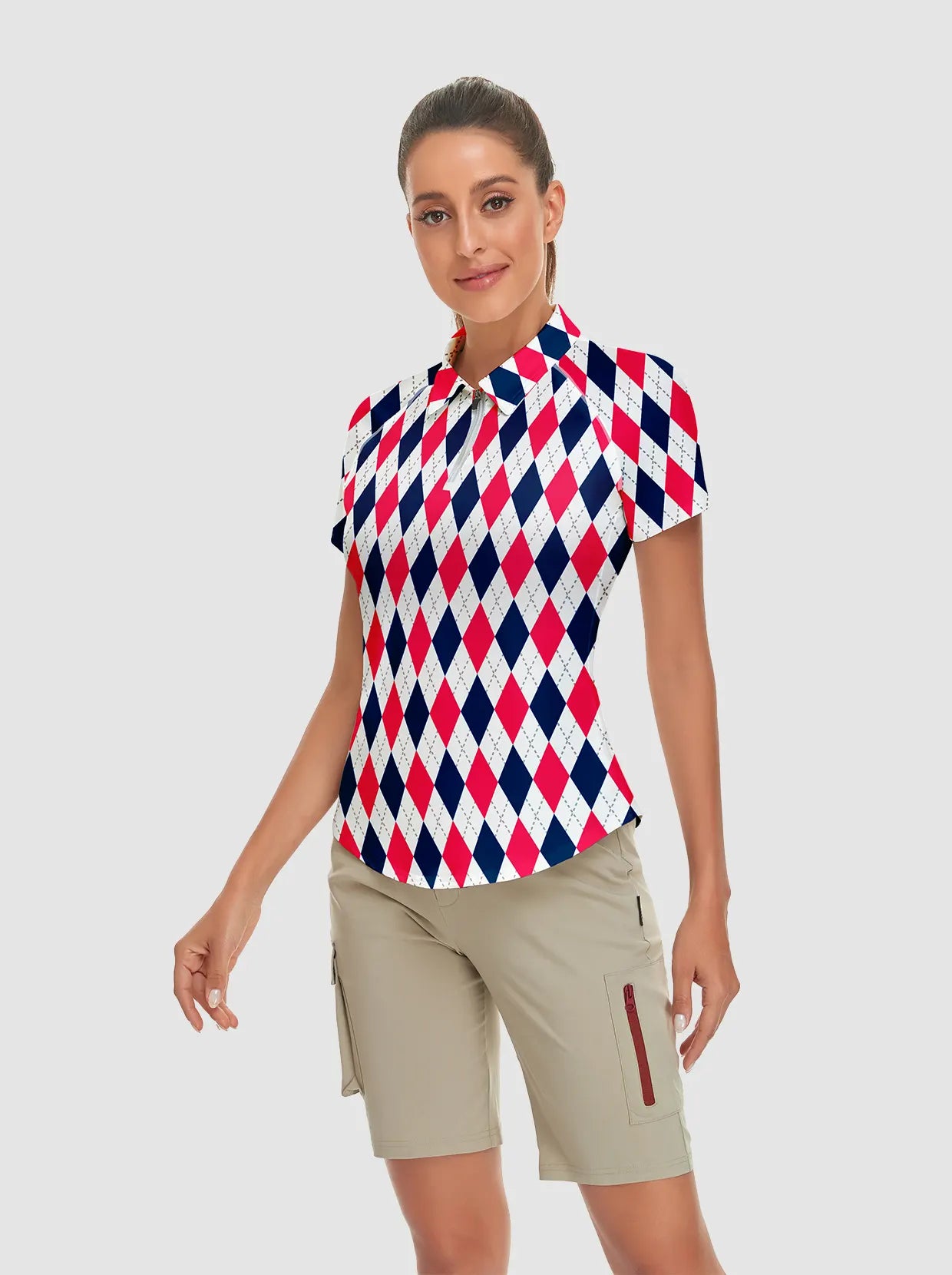 Red and Dark Blue Checkerboard Short-sleeve Golf Shirt