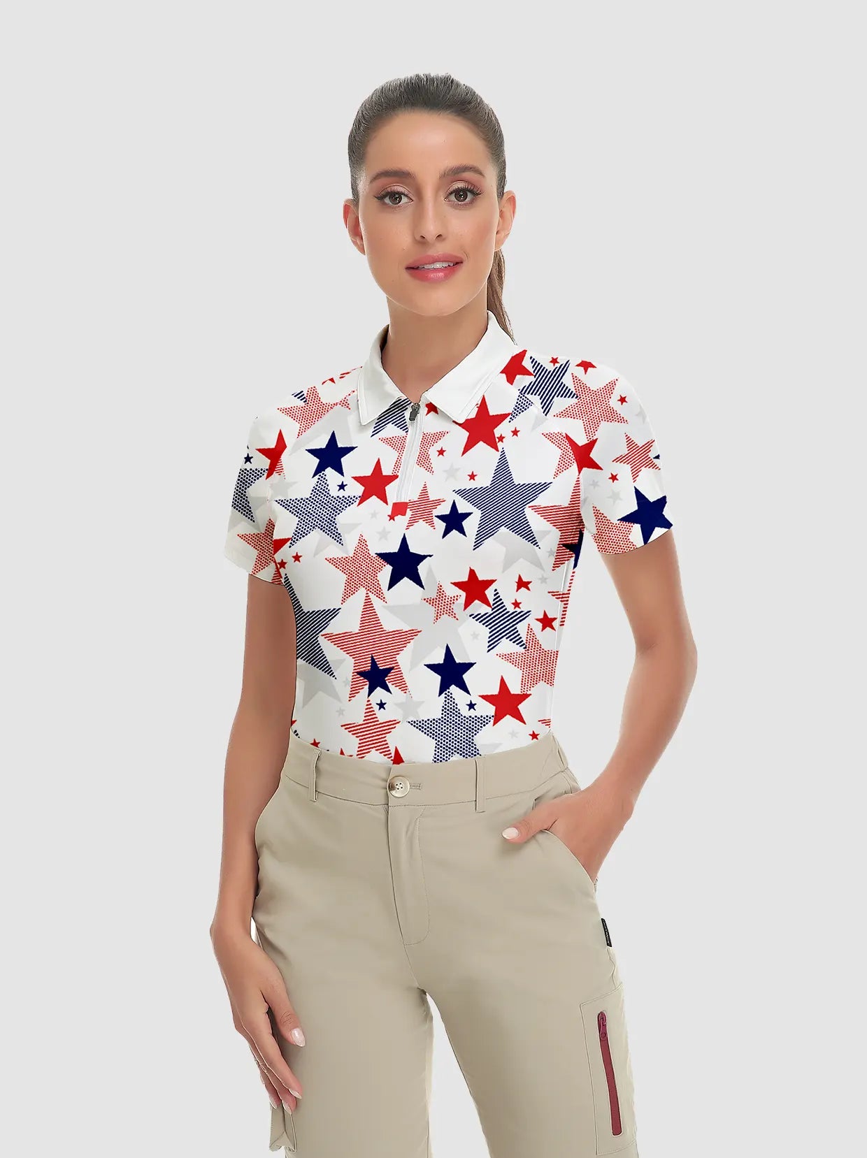 Multicolor Stars Quarter-Zip Short-sleeve Golf Polo for Women