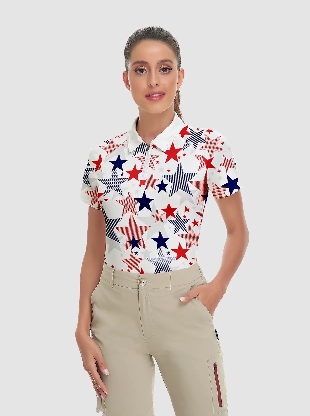 Multicolor Stars Quarter-Zip Short-sleeve Golf Polo for Women