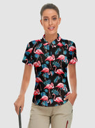 Flamingo on Black Background Grove Short-sleeve Golf Polo for Women