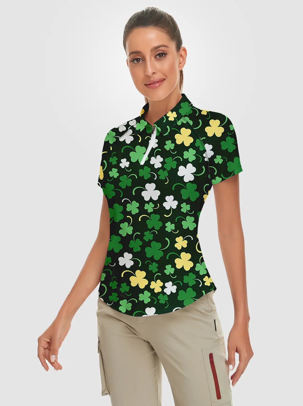 Green Shamrock Quarter-zip Short-sleeve Polo Shirt For Women