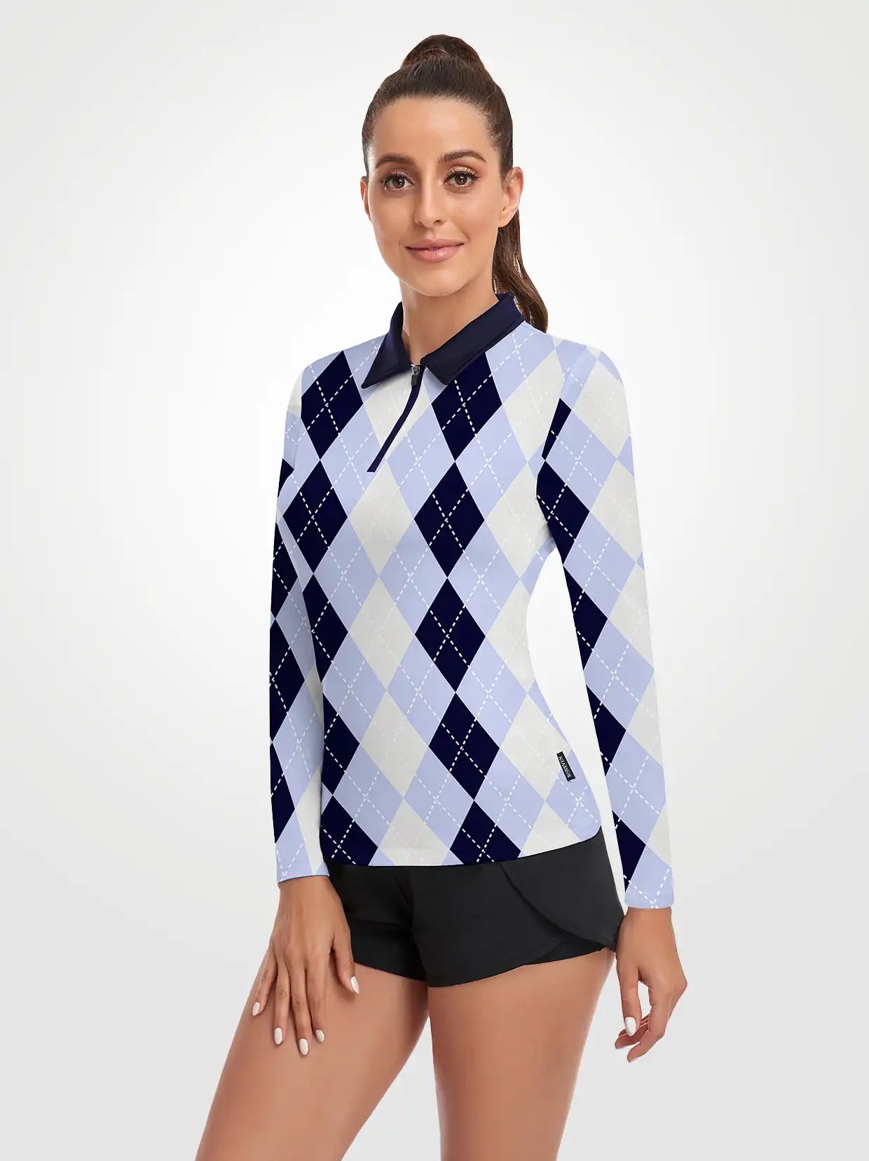 Blue and White Checkerboard Quarter-zip Long-sleeve Polo Shirt for Women