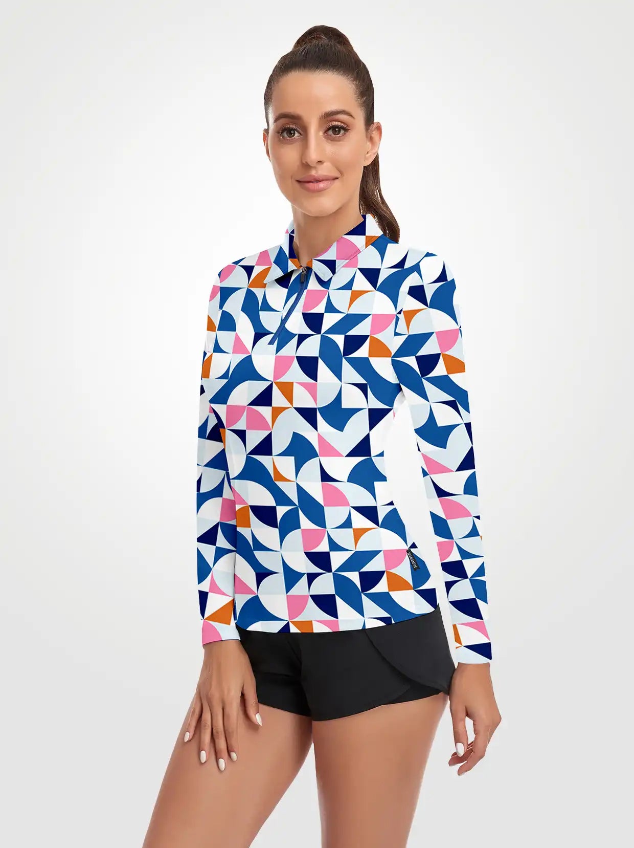 Geometric Pattern Quarter-zip Long-sleeve Polo Shirt for Ladies