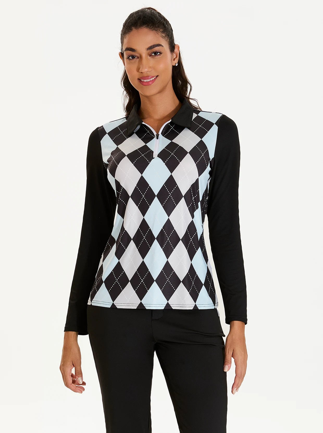 Black and Blue Argyle Long-sleeve Polo Top for Ladies