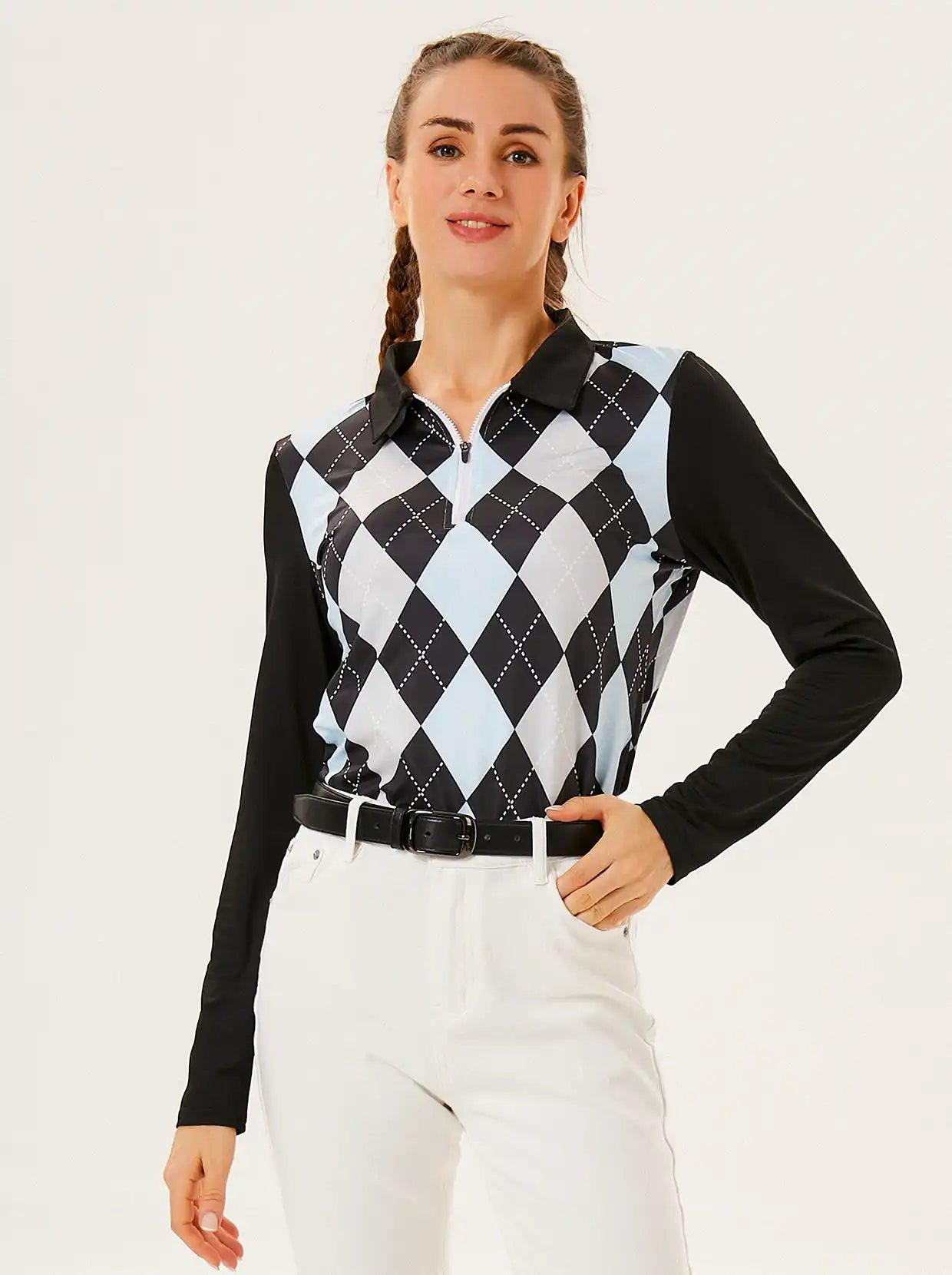 Black and Blue Argyle Long sleeve Polo Top for Ladies Soneven