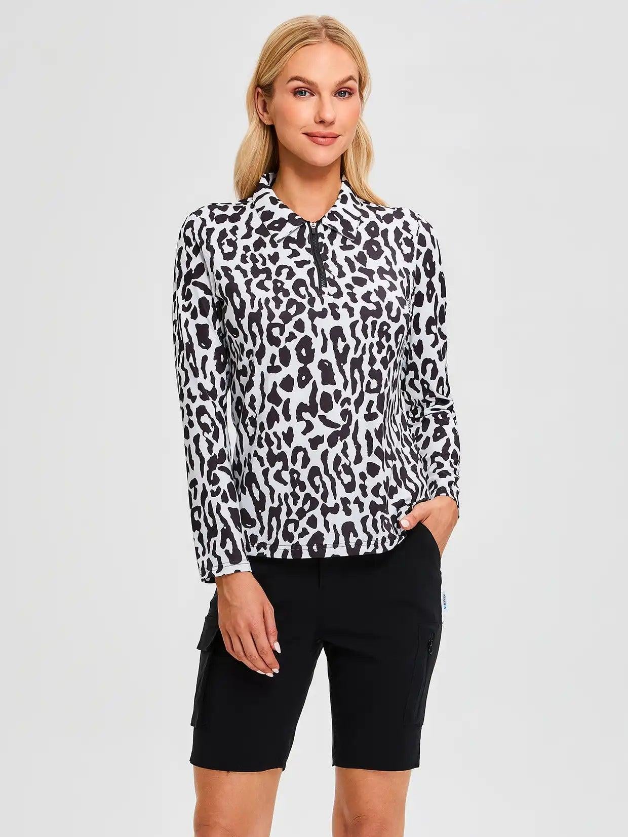 Black Leopard Quarter Zip Long-sleeve Polo Top for Ladies