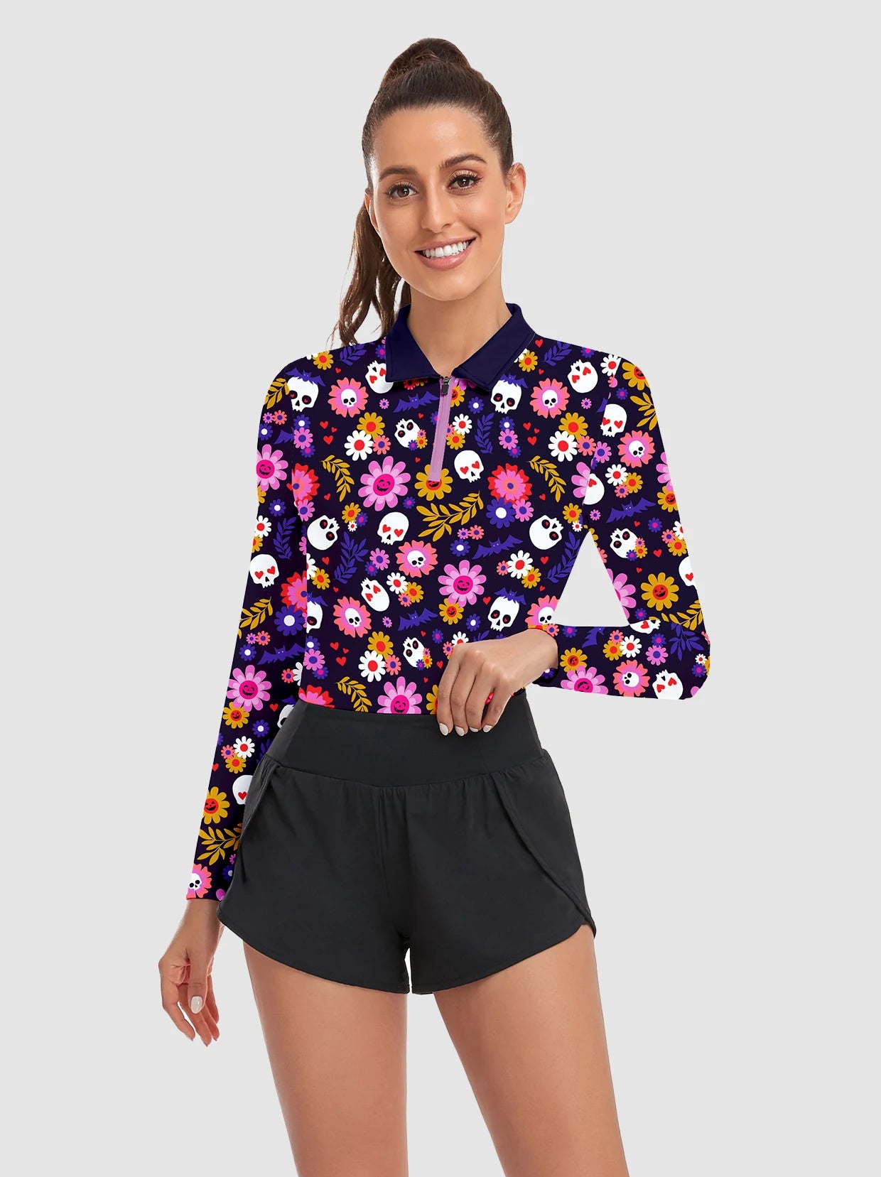 Halloween Chic Skull and Floral Quarter-Zip Long-Sleeve Polo Tops for Ladies