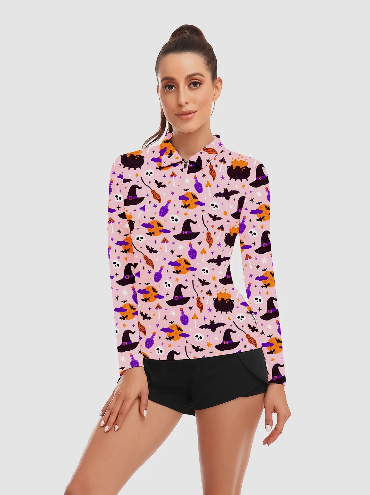 Halloween Witch hat Print Quarter-Zip Long-Sleeve Polo Tops for Ladies