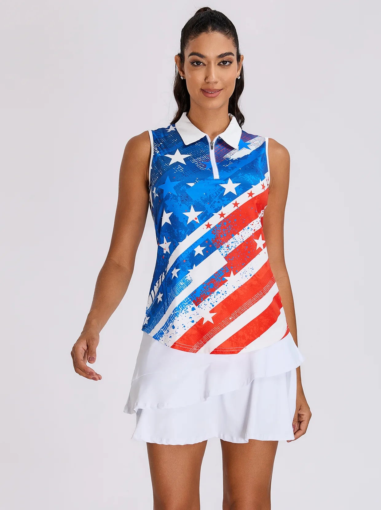 Blue Flag Pattern Quarter-zip Sleeveless Polo Shirts for Women