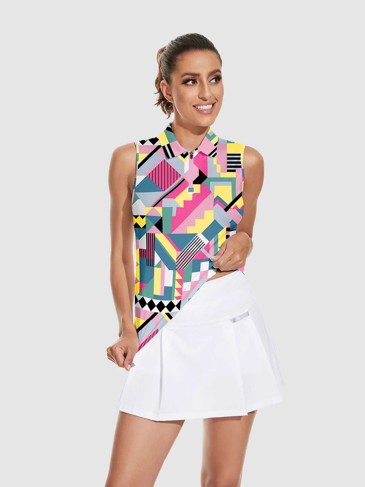 Women's Colorful Geometric Print Quarter-zip Sleeveless Polo Shirt