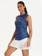 Blue Leopard Quarter-zip Sleeveless Polo Shirt for Women