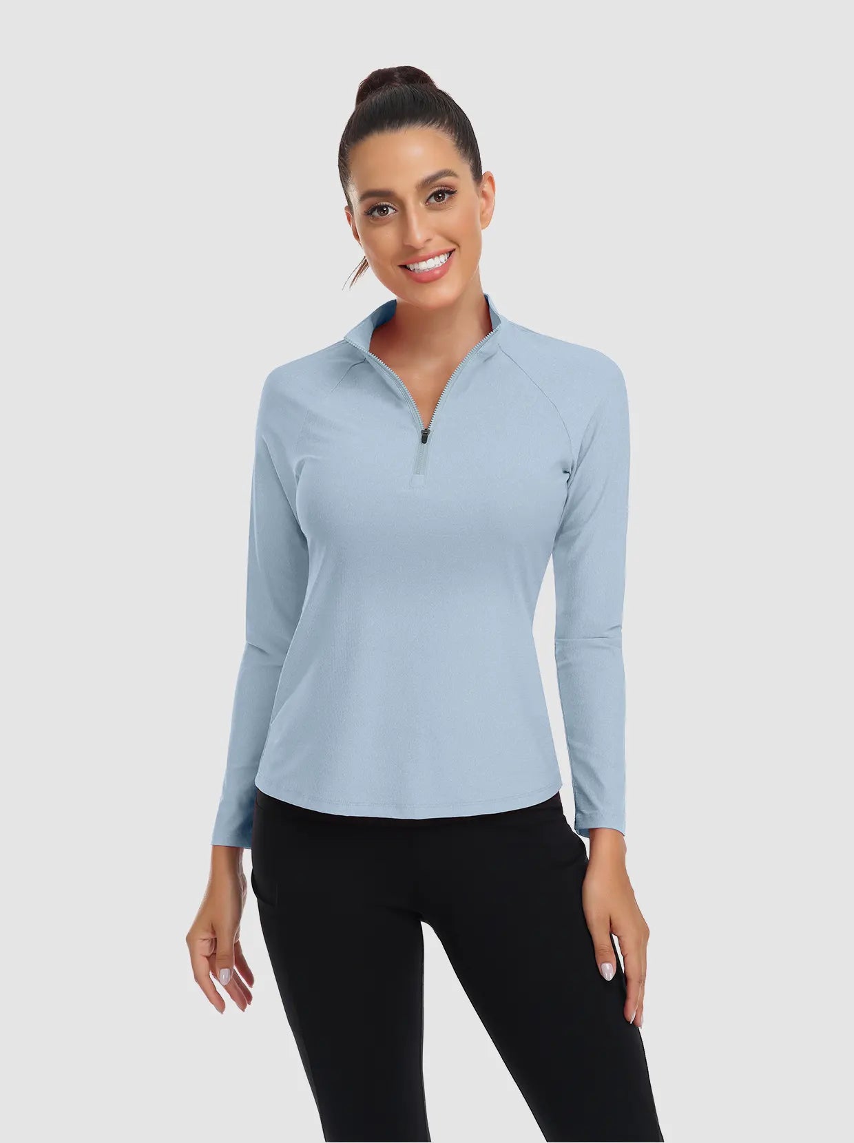 Light Blue Quarter-Zip Collar Long Sleeve Tennis Shirt for Women