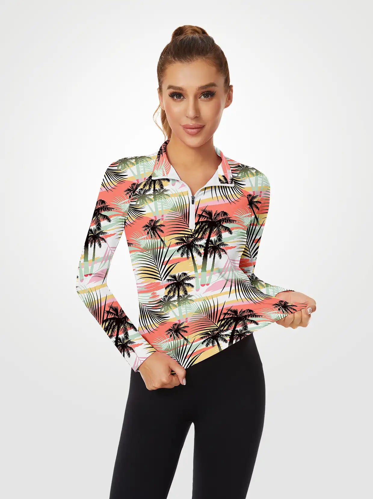 Coconut Tree Quarter-zip Long-sleeve Polo Shirt for Ladies