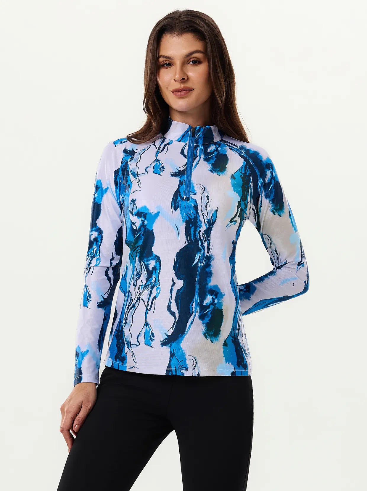 Blue and White Crack Quarter-zip Long-sleeve Shirt for Women